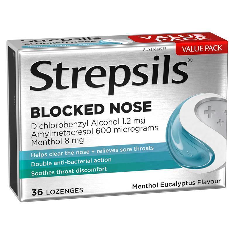 Strepsils Plus Blocked Nose Relief Throat Lozenges Menthol Eucalyptus 36 Pack