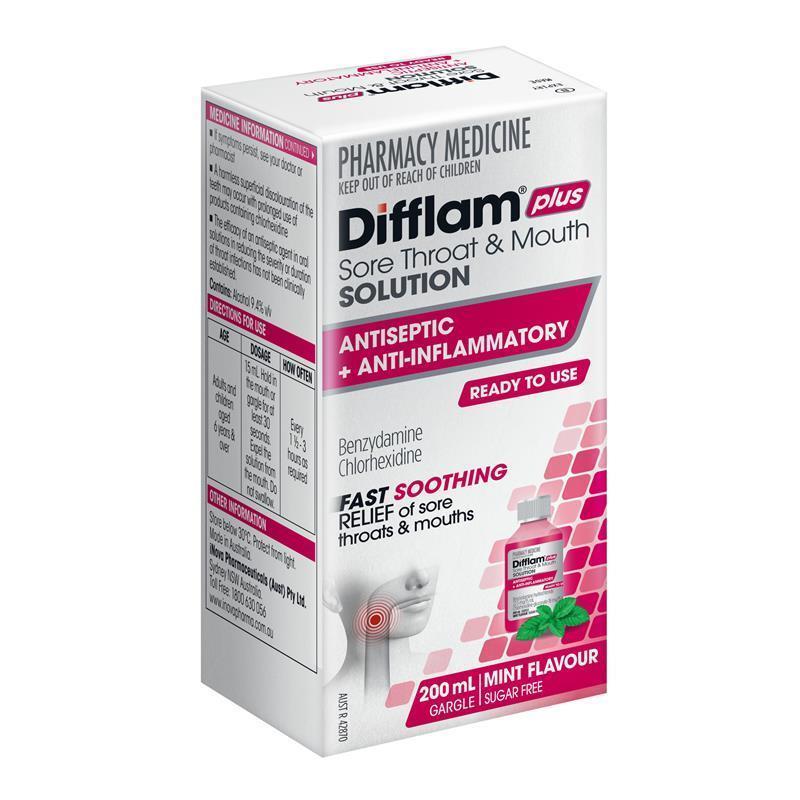 Difflam Plus Sore Throat & Mouth Solution Mint 200ml - Dual Action Relief