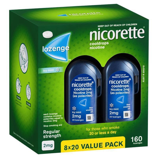 Nicorette Quit Smoking Regular Strength Cooldrops Nicotine Lozenge Icy Mint - 8 x 20 Pack