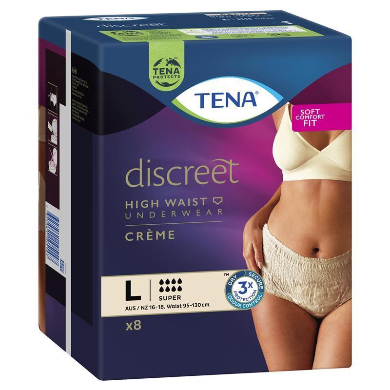 TENA Discreet High Waist Underwear – Large, Crème, 8 Pants