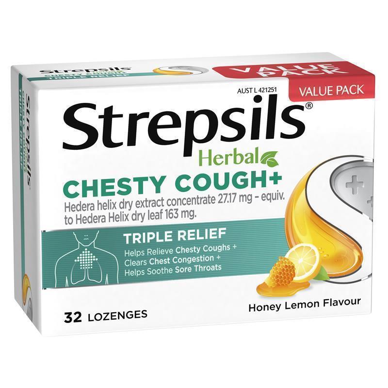Strepsils Herbal Chesty Cough+ Lozenges Honey Lemon 32 Pack - Effective Cough Relief