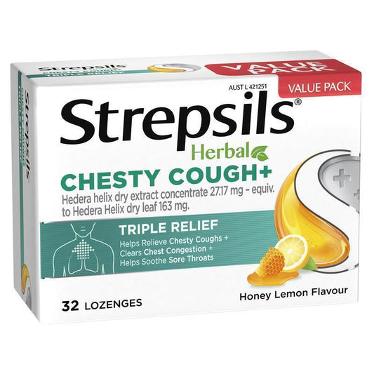 Strepsils Herbal Chesty Cough+ Lozenges Honey Lemon 32 Pack - Effective Cough Relief