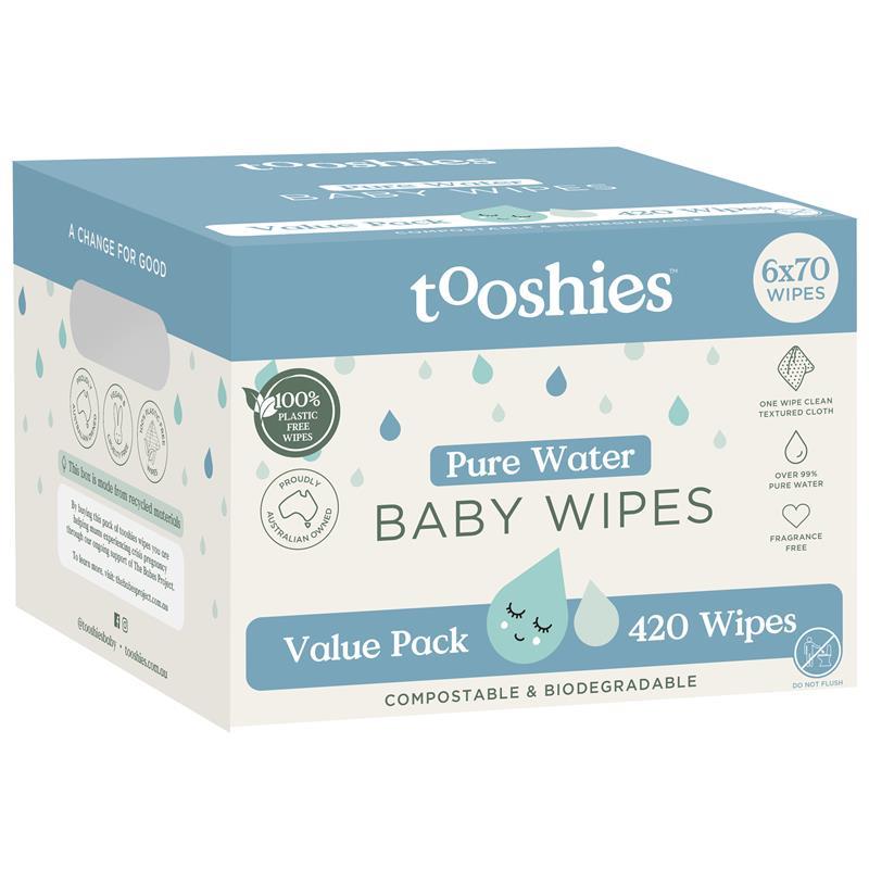 Tooshies Baby Wipes Pure Water 6 x 70 Pack