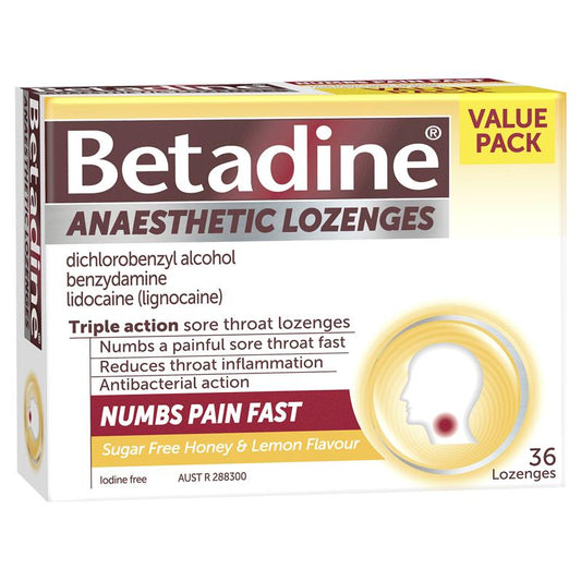 Betadine Sore Throat Lozenges - Anaesthetic Honey & Lemon Flavour (36 Pack)