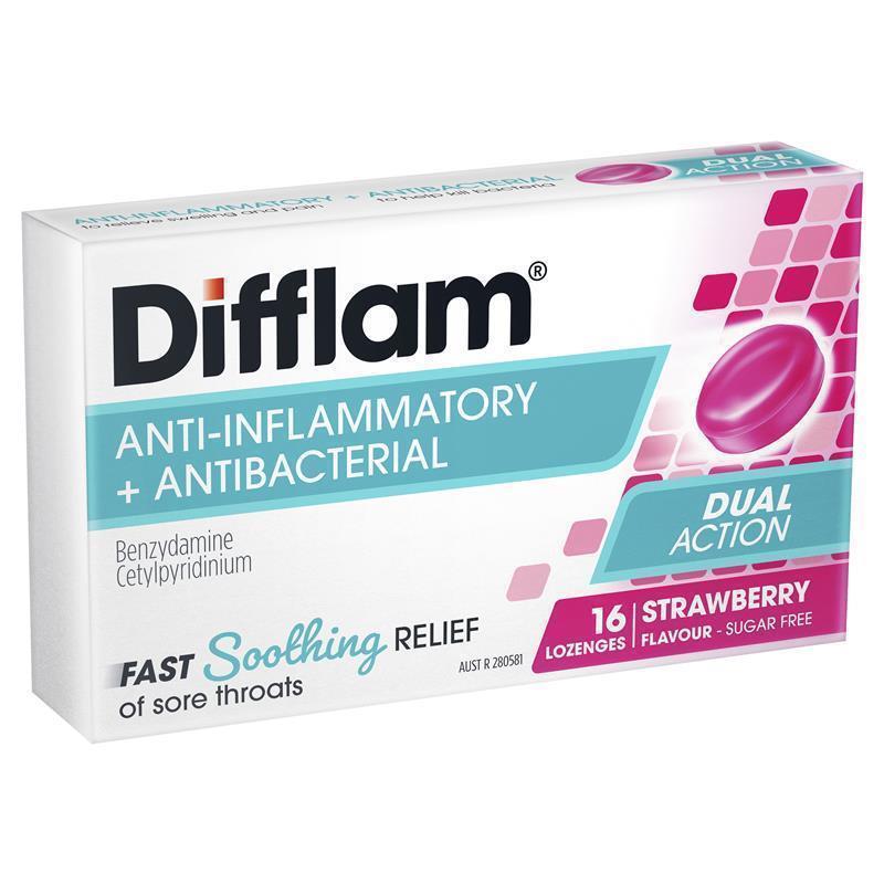 Difflam Sore Throat Lozenges - Sugar Free Strawberry (16 Lozenges)