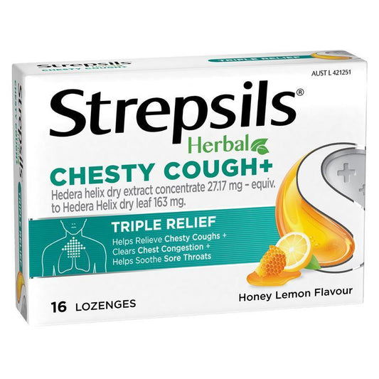 Strepsils Herbal Chesty Cough+ Lozenges Honey Lemon 16 Pack - Triple Relief Formula