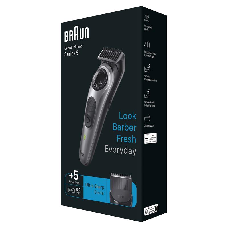 Braun Series 5 BT5440 Waterproof Beard Trimmer for Men, 40 Lengths, 100-min