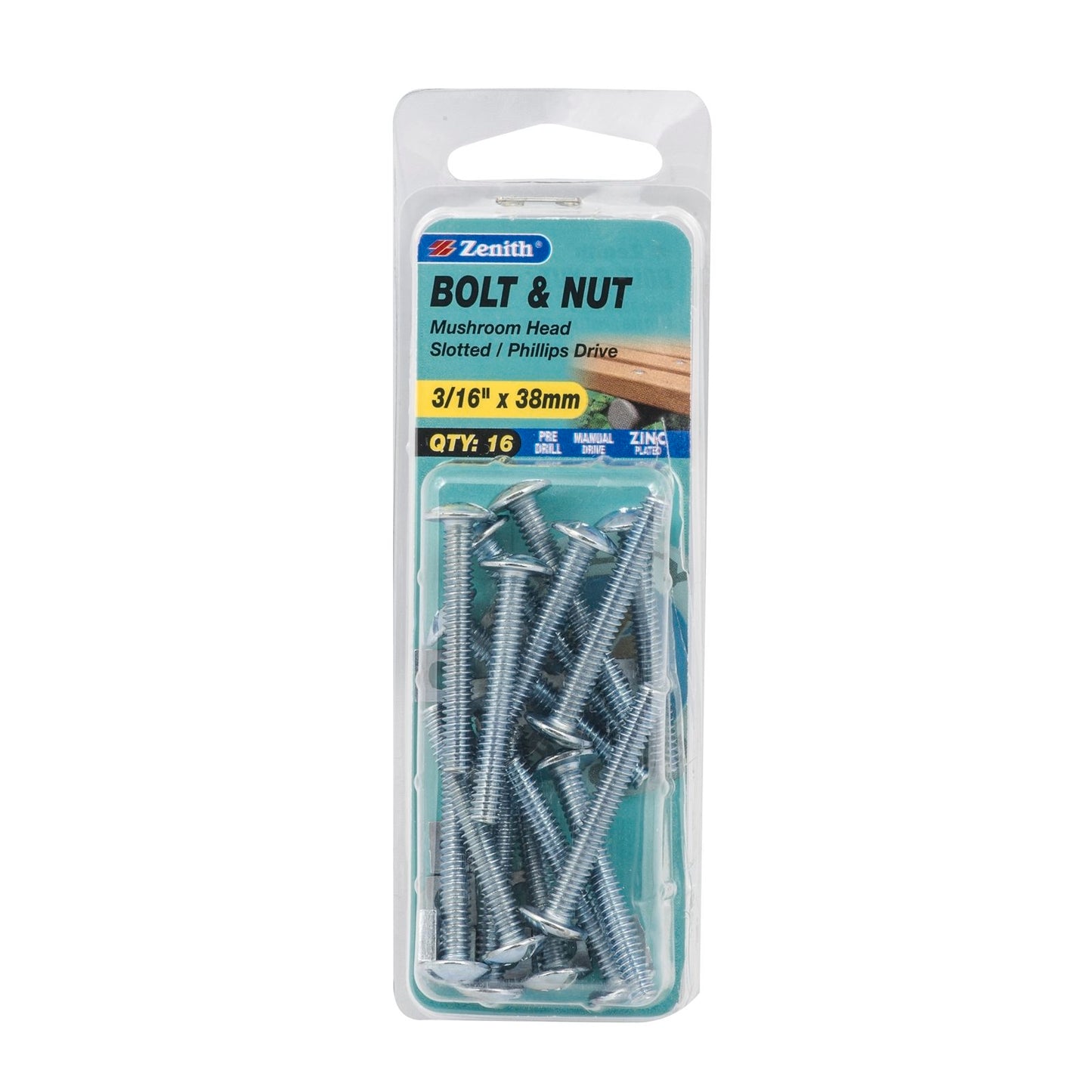Zenith Mushroom Head Bolt & Nut - 3/16 x 38mm - 16 Pack