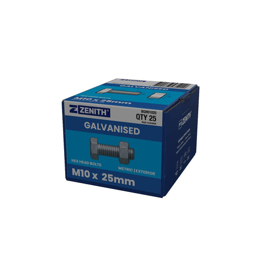 Zenith M10 x 25mm Hot Dip Galvanised Hex Head Bolts and Nuts - 25 Pack