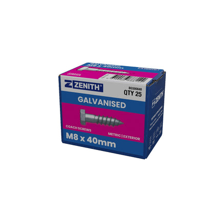 Zenith Coach Screw - M8 x 40mm - Hot Dipped Galvanised - 25 Pack