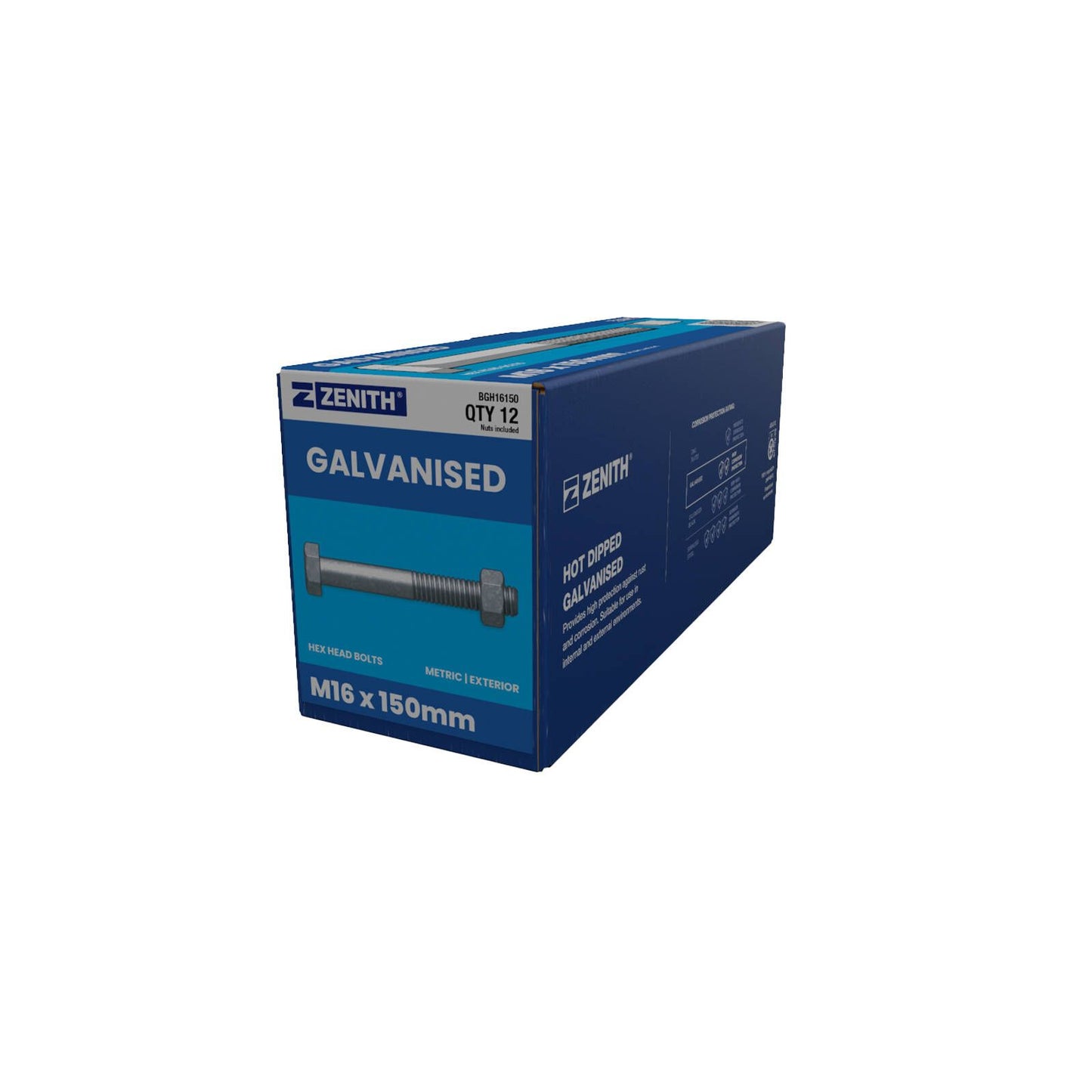 Zenith Hex Head Bolt - M16 x 150mm - Hot Dip Galvanised - 12 Pack