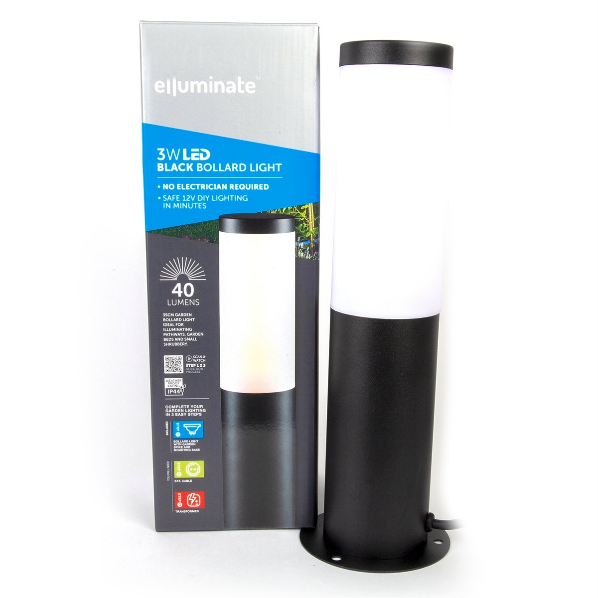Elluminate Black Garden Bollard - Warm White - Metal - 75mm - Safe
