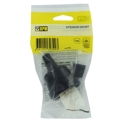 HPM 3 Pin Extension Cord Socket - 10A - Black
