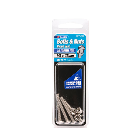 Zenith 316 Stainless Steel Round Head Bolt & Nut M5 x 35mm 4 Pack