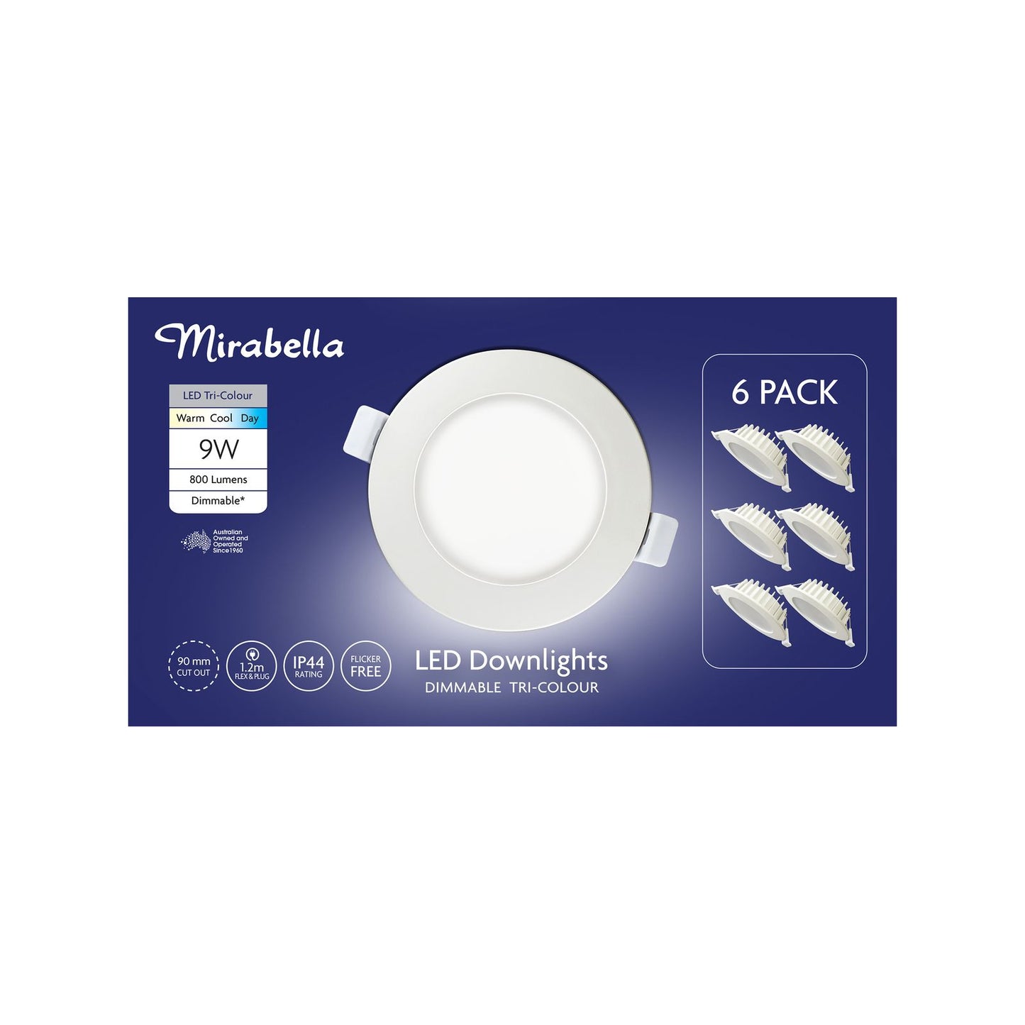 Mirabella 9w LED Downlights - Dimmable - Tricolour - 6 Pack Each