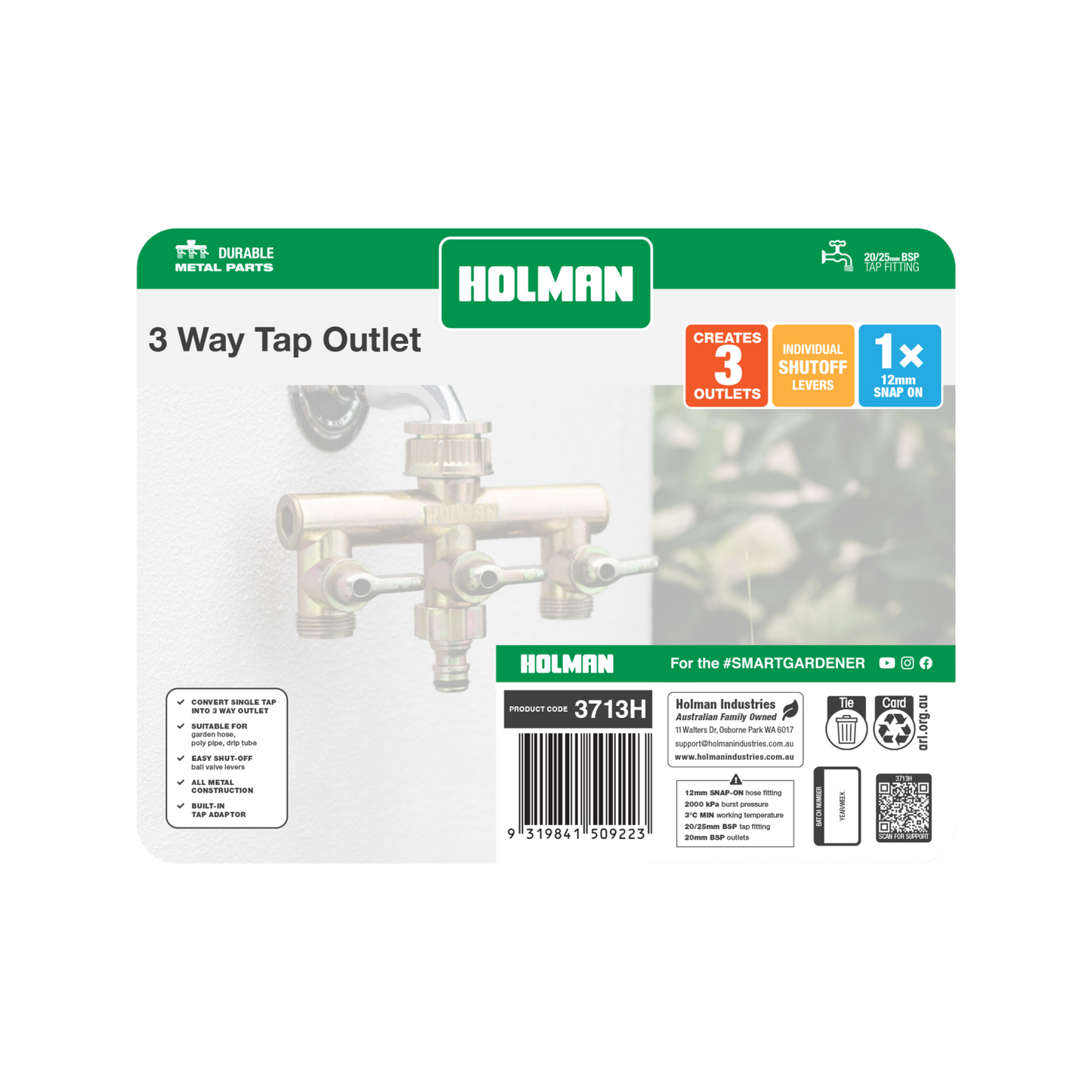 Holman 3 Way Metal Tap Outlet - 152 x 118 x 56mm