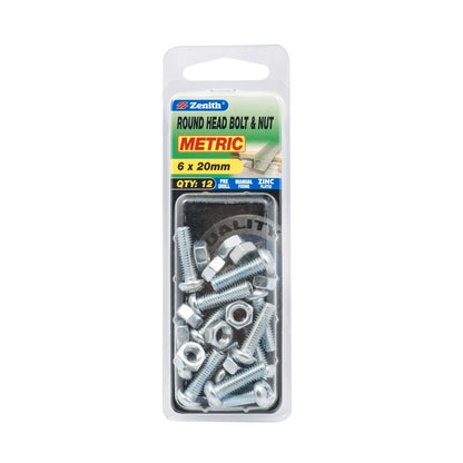 Zenith Round Head Bolt & Nut - 6 x 20mm - 12 Pack