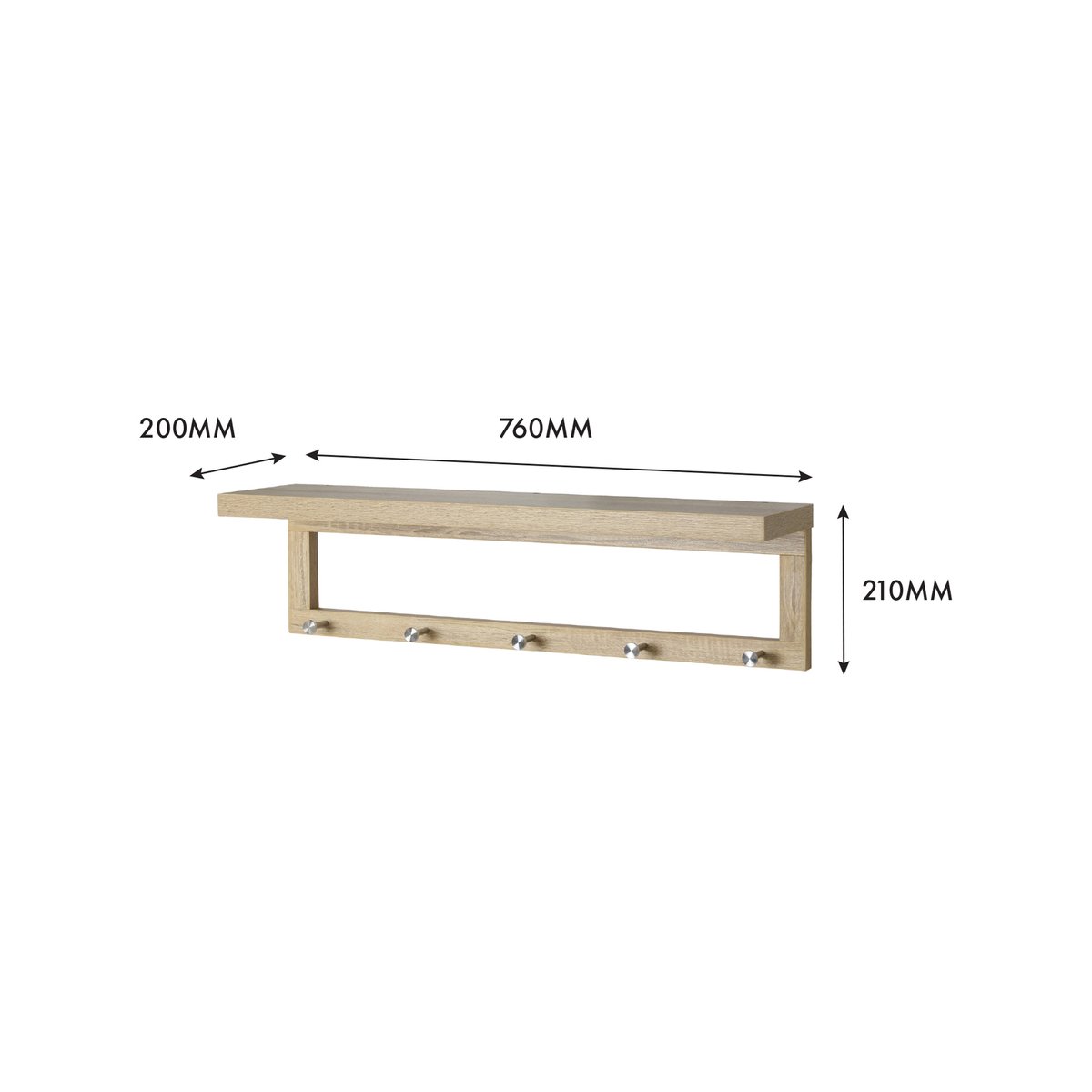 Flexi Storage Oak Coat Shelf with Hooks - 760mm x 210mm x 200mm