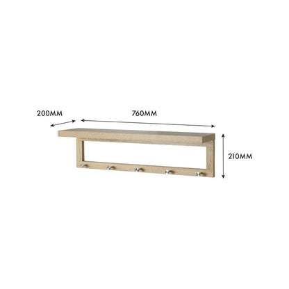 Flexi Storage Oak Coat Shelf with Hooks - 760mm x 210mm x 200mm