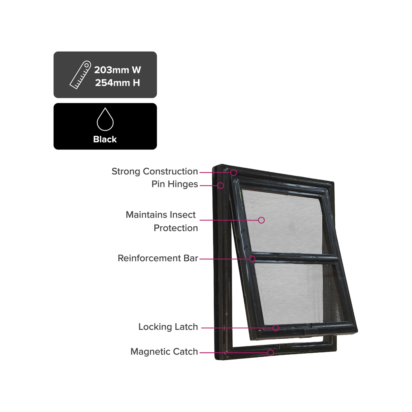 Pillar Medium Flyscreen Pet Door - 202 x 254mm - Black