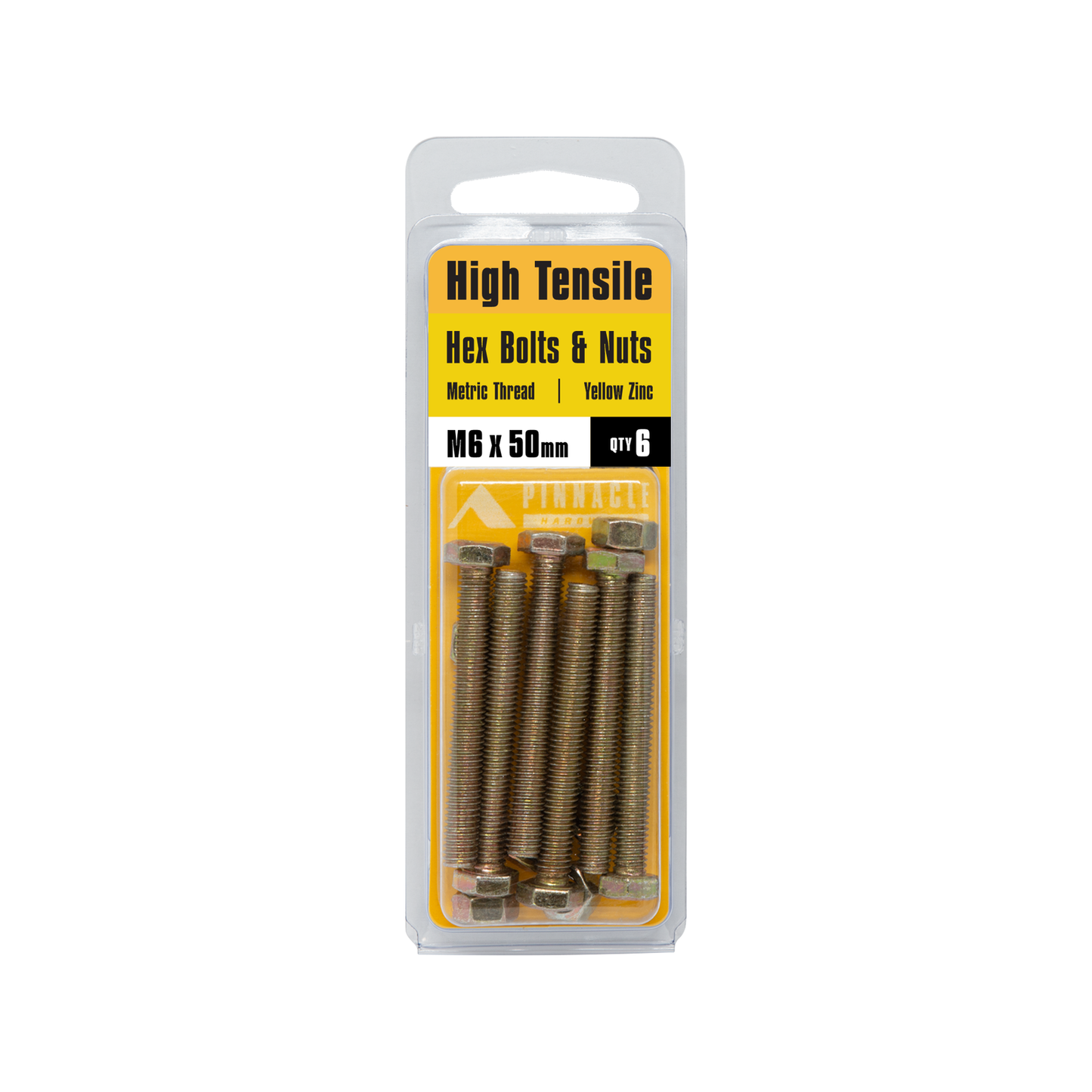 Pinnacle Hex Bolt & Nut - 6 x 50mm - Yellow - 6 Pack