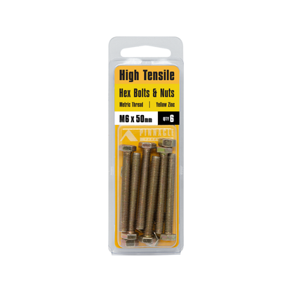 Pinnacle Hex Bolt & Nut - 6 x 50mm - Yellow - 6 Pack