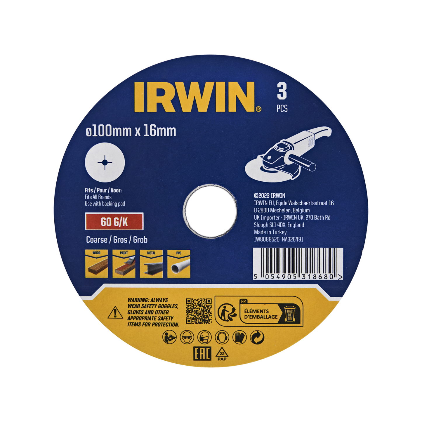 Irwin Fibre Disc - 100mm - 60 Grit - 3 Pack