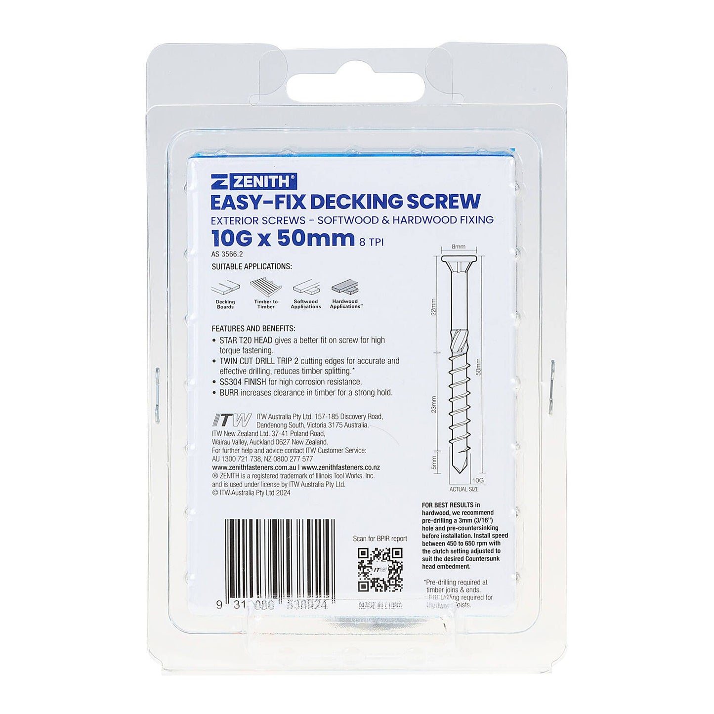 Zenith Easy Fix Decking Screw - T20 10g x 50mm SS304 - 50 Pack