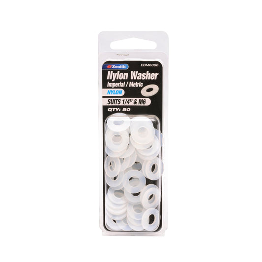 Zenith Nylon Washer - 1/4" & M6 - 50 Pack - White