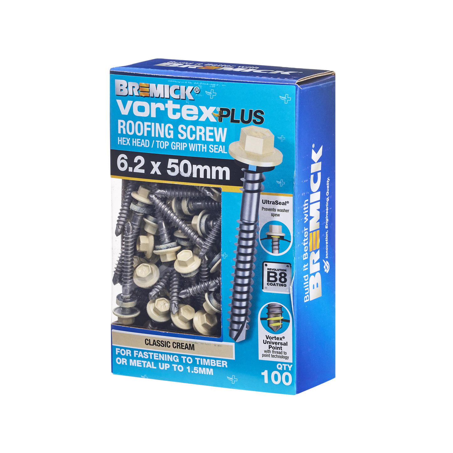 Bremick Vortex Plus Roofing Screw - 6.2 x 50mm - Hex B8 - 100 Pack
