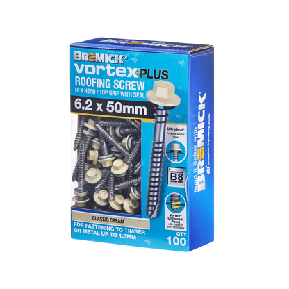 Bremick Vortex Plus Roofing Screw - 6.2 x 50mm - Hex B8 - 100 Pack