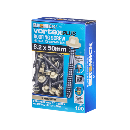Bremick Vortex Plus Roofing Screw - 6.2 x 50mm - Hex B8 - 100 Pack