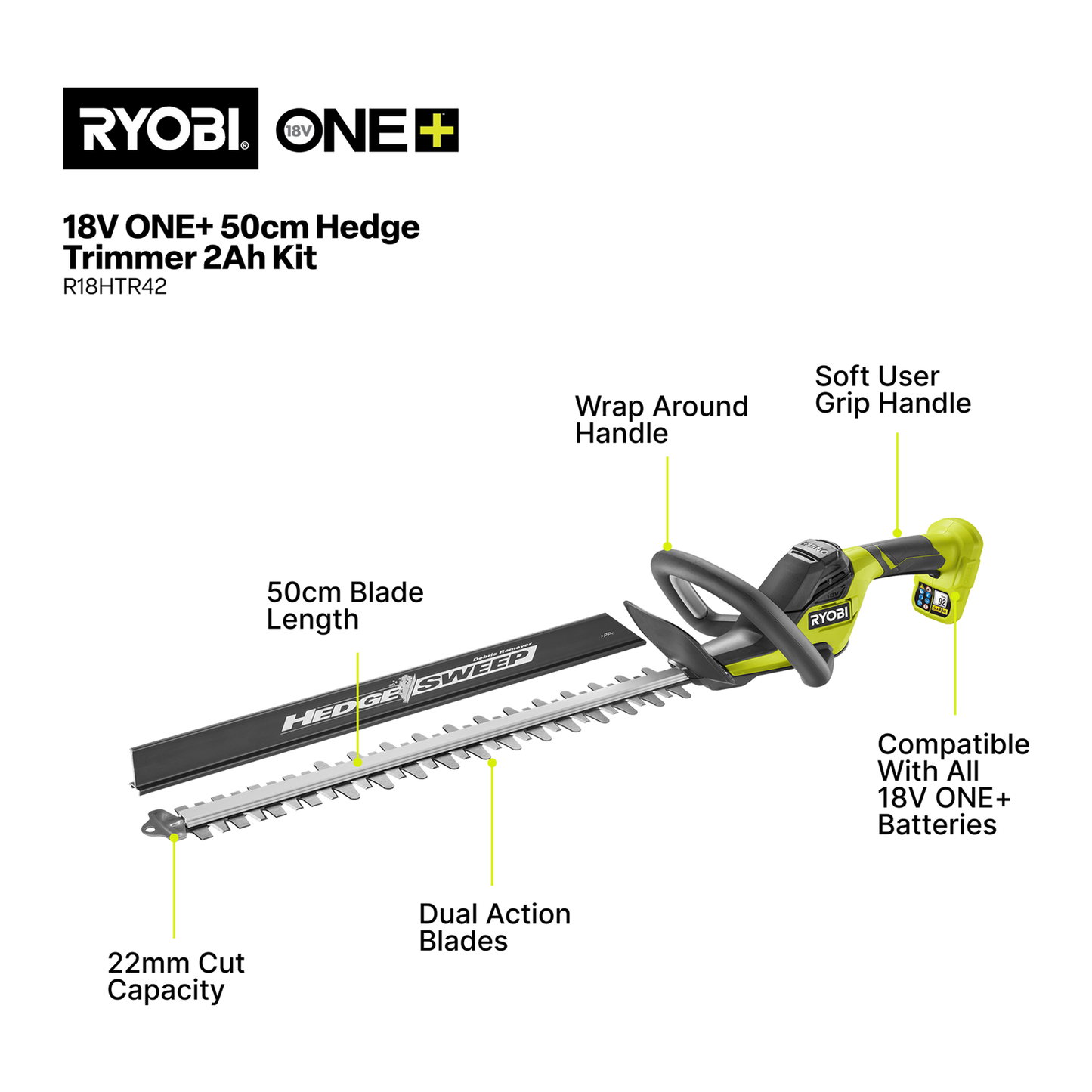 Ryobi Hedge Trimmer - 50cm - 2.0Ah Kit - 18V ONE+