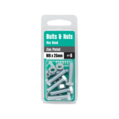 Pinnacle Hex Head Bolts and Nuts - M6 x 25mm - 6 Pack