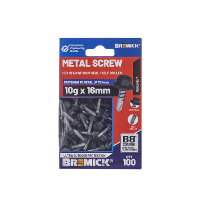 Bremick MO Metal Hex Screw - 10g x 16mm - 100 Pack
