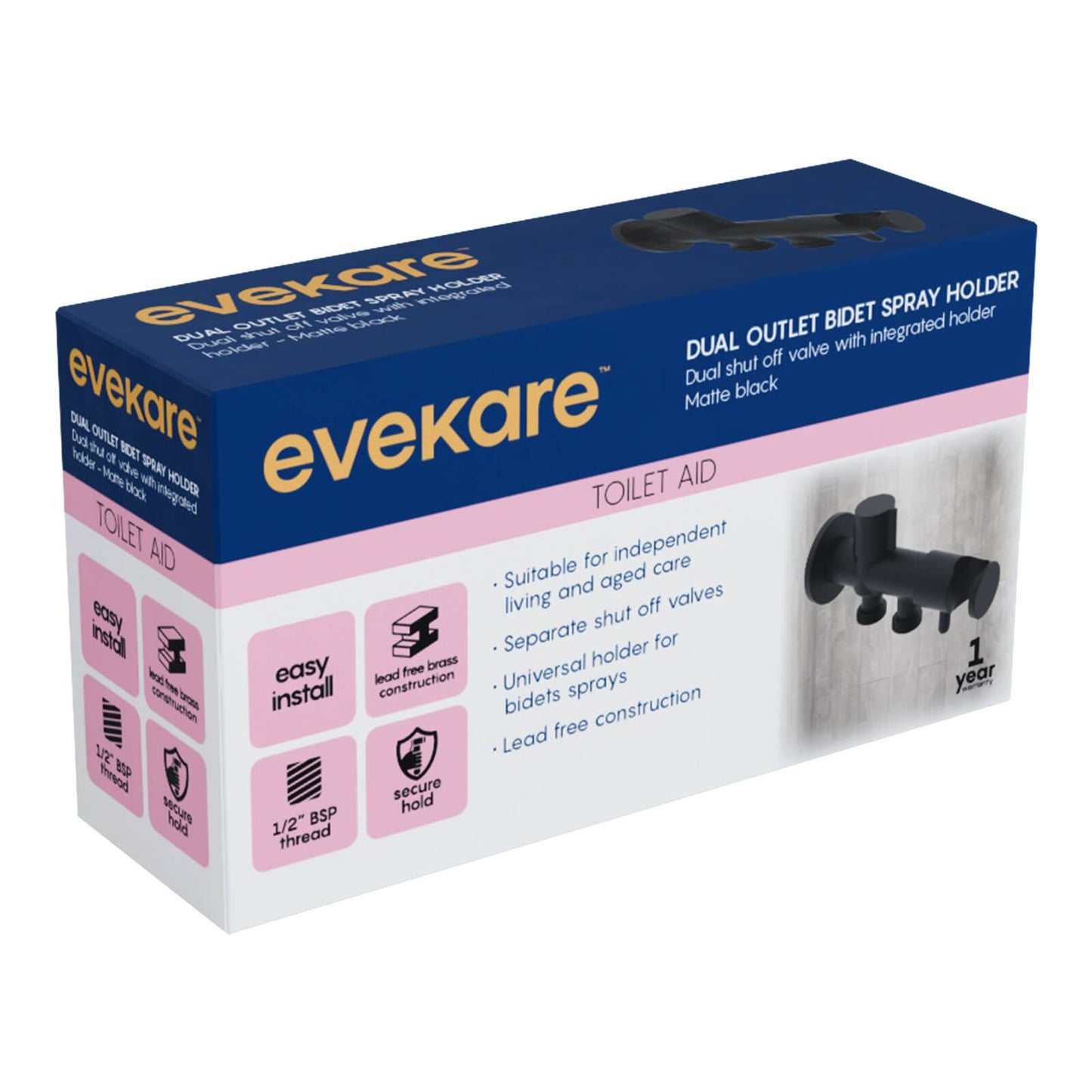 Evekare Dual Outlet Bidet Spray Holder & Shut Off Valve - Matte Black
