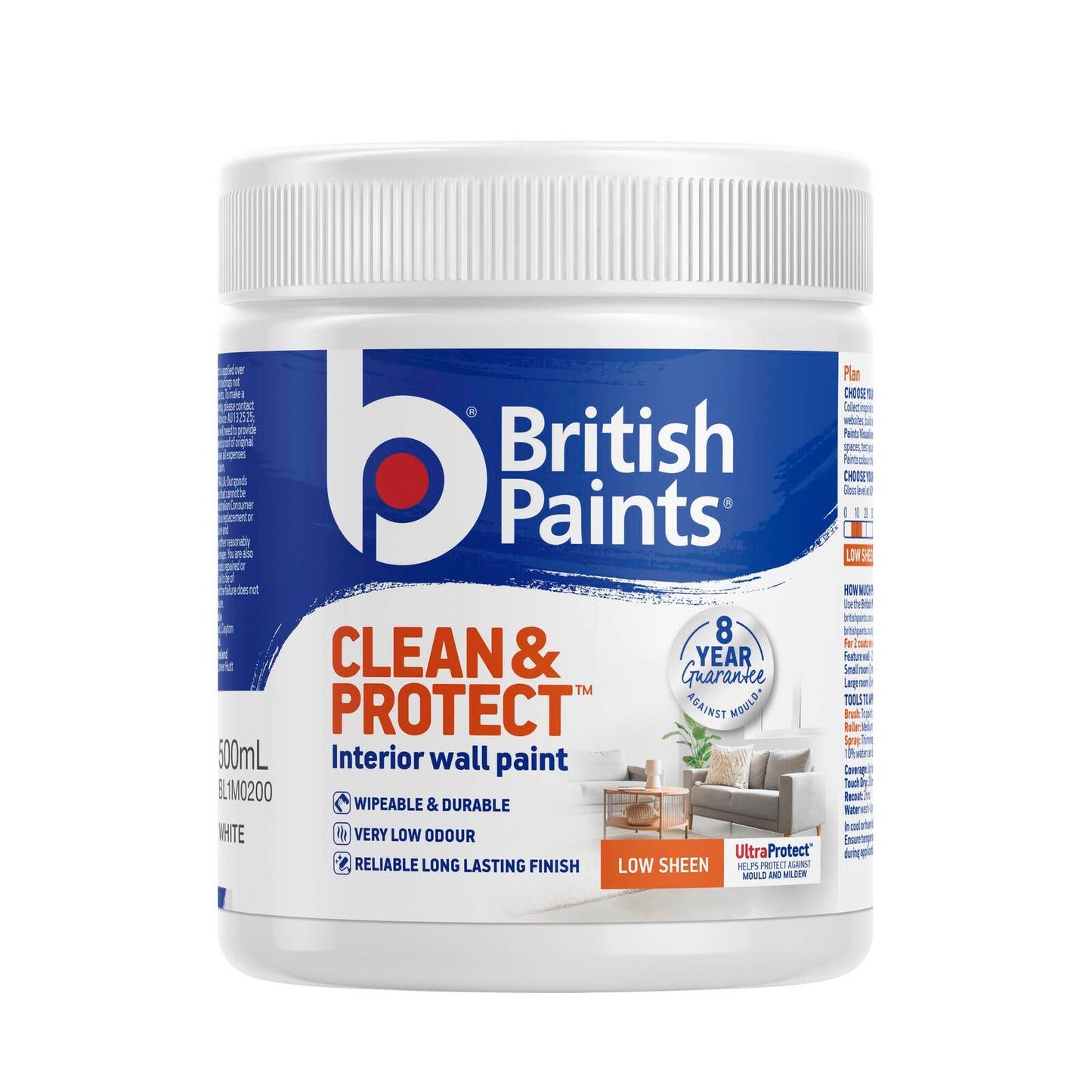 British Paints Clean and Protect Low Sheen Paint - 500ml - White