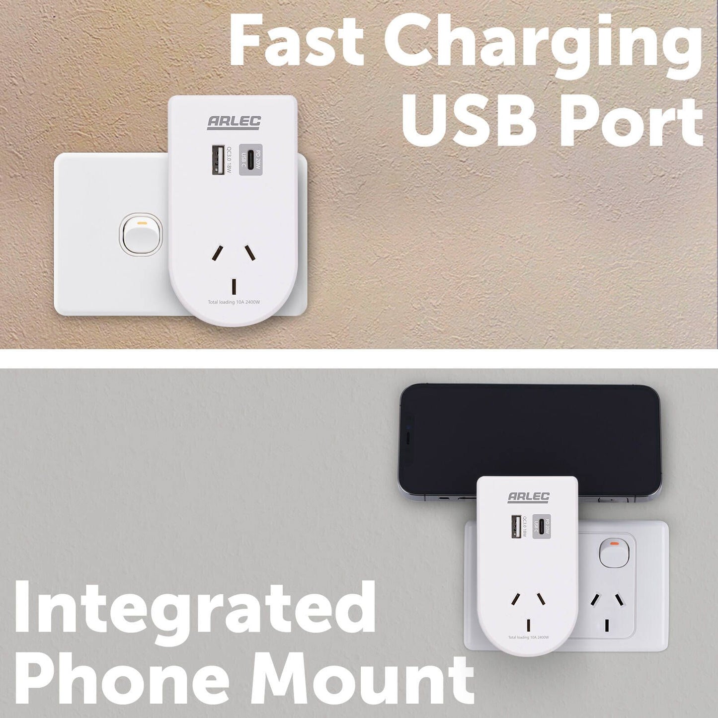 Arlec Power Adaptor with Integrated Phone Mount - 55 x 100 x 70mm