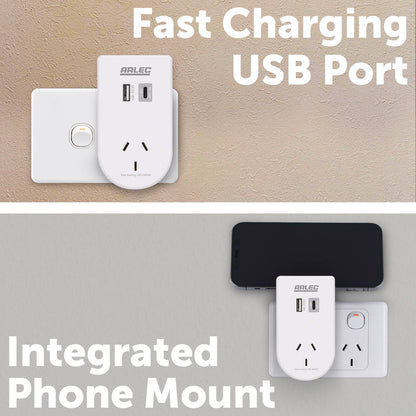 Arlec Power Adaptor with Integrated Phone Mount - 55 x 100 x 70mm