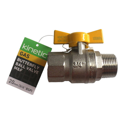 Kinetic Male Female Butterfly Handle Gas Ball Valve - 20mm