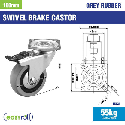 Move It 100mm Grey Rubber Heavy Duty Swivel Brake Castor
