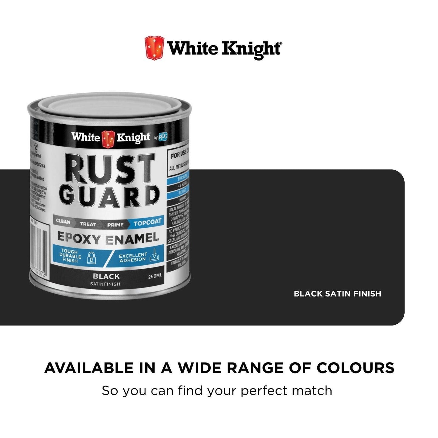 White Knight Rust Guard Black Satin Epoxy Enamel Paint - 250ml