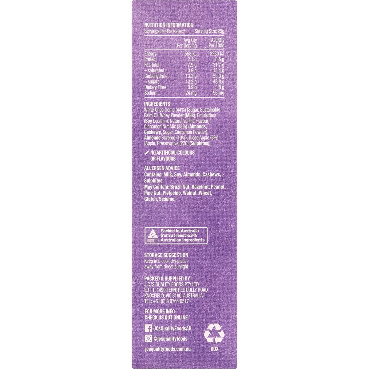 Jc's Nuts Fruit Choc Love Cinnamon Almonds & Cashews 25g X 5 Pack