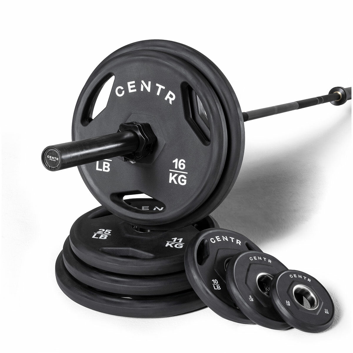 Centr Rubber Olympic Weight Set with Bar Black Chrome Plates and Locking Collars 136kg 2.13m
