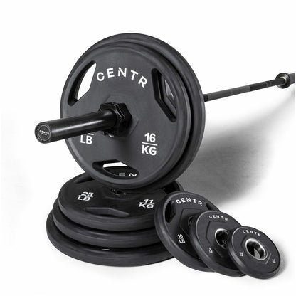 Centr Rubber Olympic Weight Set with Bar Black Chrome Plates and Locking Collars 136kg 2.13m
