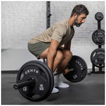 Centr Rubber Olympic Weight Set with Bar Black Chrome Plates and Locking Collars 136kg 2.13m