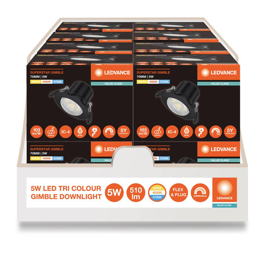 Ledvance Downlight Gimble LED - 70mm - Black - Tri Colour - 5W - Dimmable - IP54