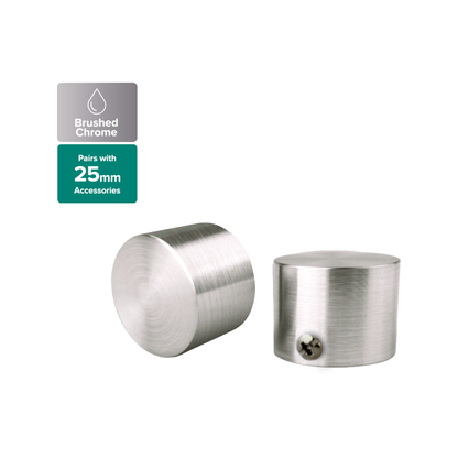 Pillar Brushed Chrome Curtain Rod Finial Cap - 25mm - 2 Pack