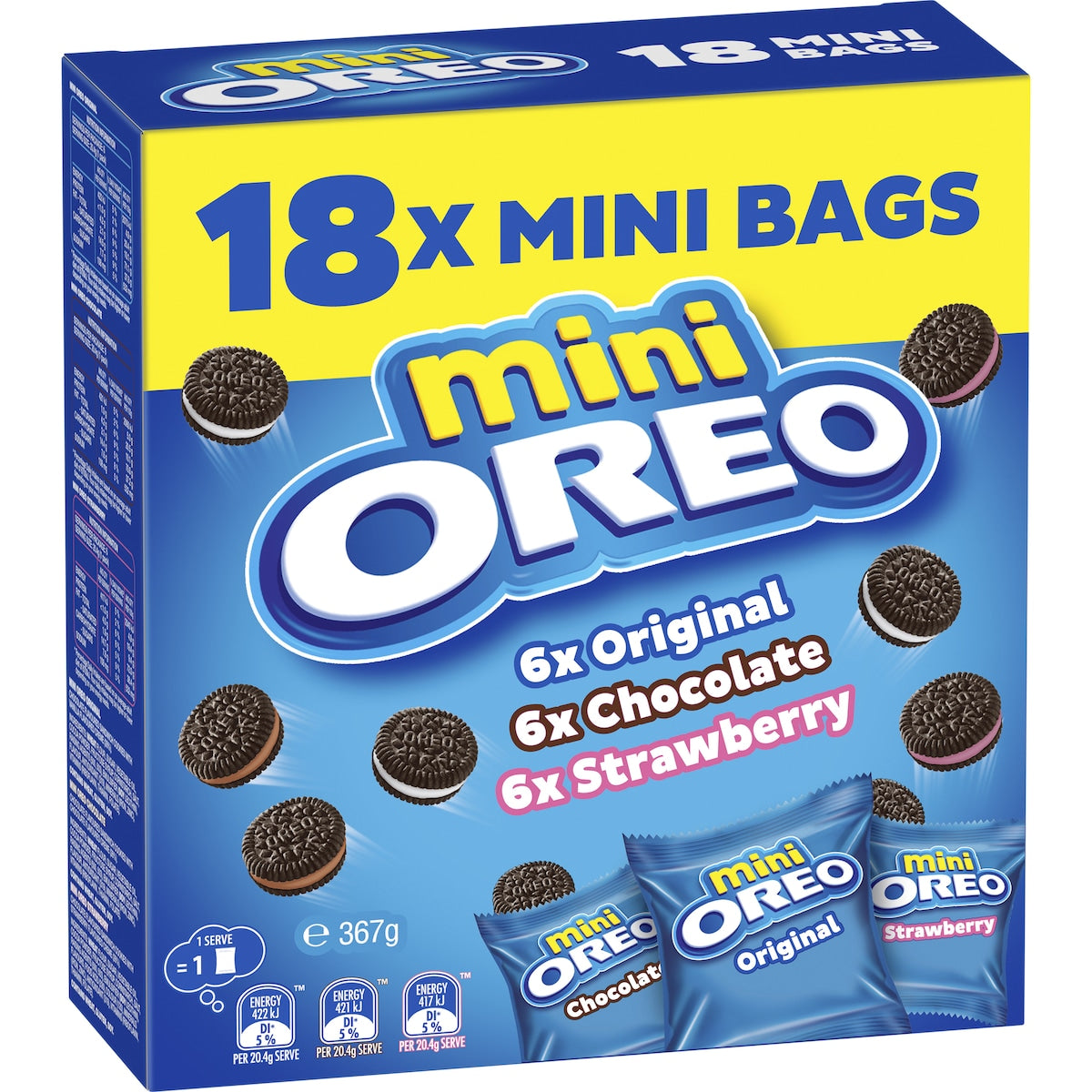 Oreo Mini Cookies Original Choc & Strawberry Bags 18 Pack 367g