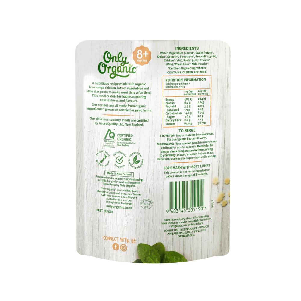 Only Organic Chicken Vegetables And Star Pasta 8+ Months - 170g